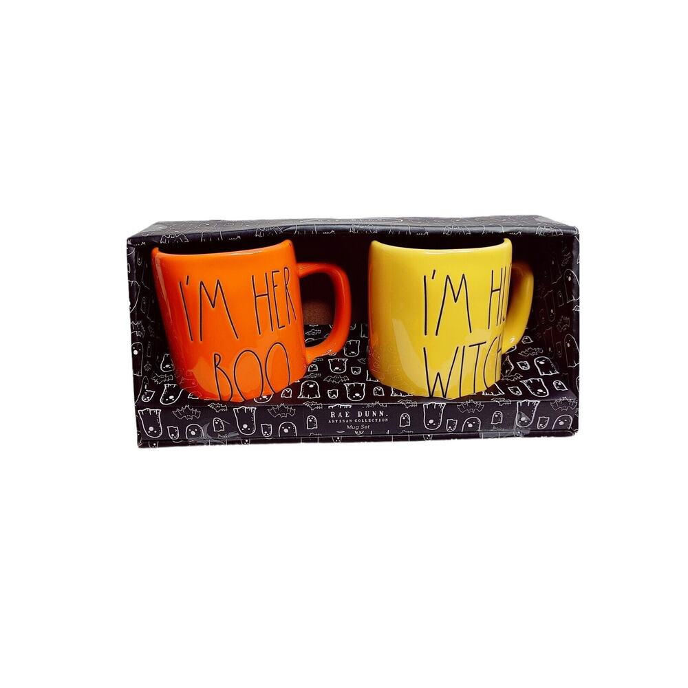 Rae Dunn I’m Her BOO I’m His WITCH Orange & Yellow Coffee‎ Tea Mug Set Halloween